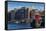 USA, New Hampshire, Portsmouth, waterfront buildings with tugboat-Walter Bibikow-Framed Premier Image Canvas