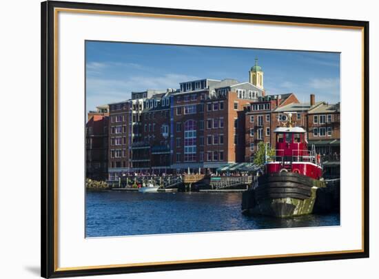 USA, New Hampshire, Portsmouth, waterfront buildings with tugboat-Walter Bibikow-Framed Premium Photographic Print