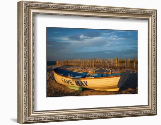 USA, New Jersey, Cape May National Seashore. Rowboat on beach sand at sunrise.-Jaynes Gallery-Framed Photographic Print