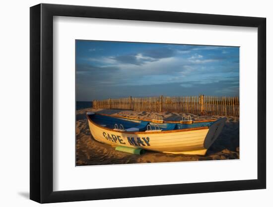 USA, New Jersey, Cape May National Seashore. Rowboat on beach sand at sunrise.-Jaynes Gallery-Framed Photographic Print