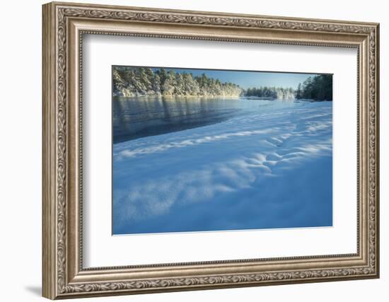 USA, New Jersey, Pine Barrens National Preserve. Snow-covered forest and lake shore.-Jaynes Gallery-Framed Photographic Print