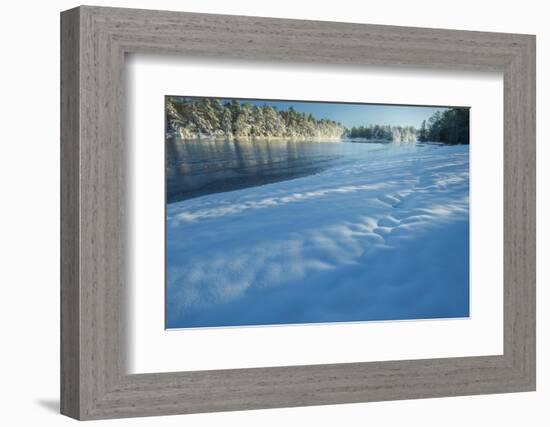 USA, New Jersey, Pine Barrens National Preserve. Snow-covered forest and lake shore.-Jaynes Gallery-Framed Photographic Print