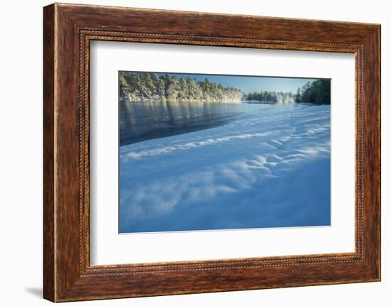 USA, New Jersey, Pine Barrens National Preserve. Snow-covered forest and lake shore.-Jaynes Gallery-Framed Photographic Print