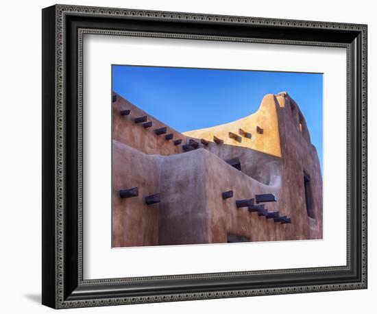 USA, New Mexico, Sant Fe, Adobe structure with protruding vigas and Snow-Terry Eggers-Framed Photographic Print