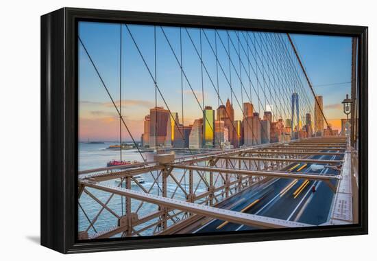 Usa, New York, Brooklyn Bridge and Lower Manhattan Skyline with Freedom Tower-Alan Copson-Framed Premier Image Canvas