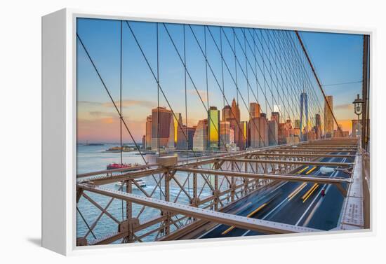 Usa, New York, Brooklyn Bridge and Lower Manhattan Skyline with Freedom Tower-Alan Copson-Framed Premier Image Canvas