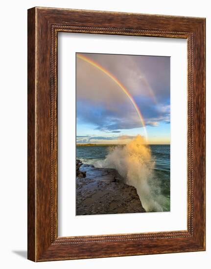 USA, New York, Lake Ontario, Clark's Point. Double rainbow over lake.-Fred Lord-Framed Photographic Print