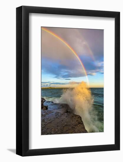 USA, New York, Lake Ontario, Clark's Point. Double rainbow over lake.-Fred Lord-Framed Photographic Print