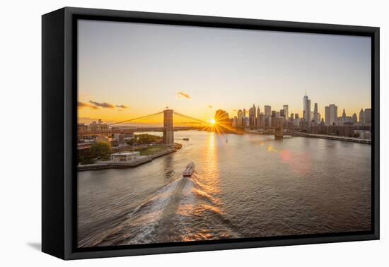 Usa, New York, Lower Manhattan Skyline and Brooklyn Bridge over East River at Sunset-Alan Copson-Framed Premier Image Canvas