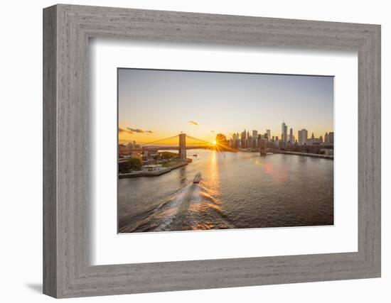 Usa, New York, Lower Manhattan Skyline and Brooklyn Bridge over East River at Sunset-Alan Copson-Framed Photographic Print