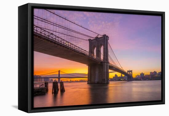 Usa, New York, Manhattan, Brooklyn Bridge and Manhattan Bridge across the East River at Sunrise-Alan Copson-Framed Premier Image Canvas