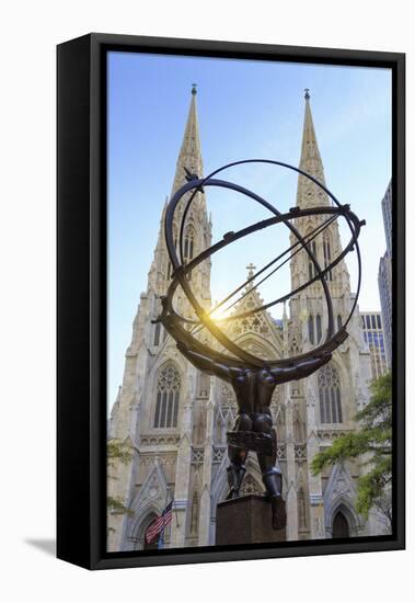 Usa, New York, New York City, Manhattan, Rockefeller Center, Atlas Statue and St Patricks Cathedral-Michele Falzone-Framed Premier Image Canvas