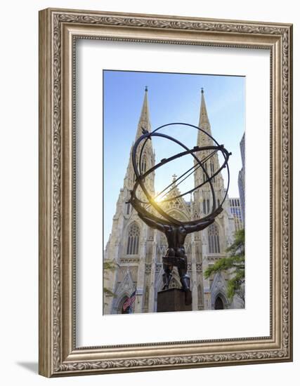 Usa, New York, New York City, Manhattan, Rockefeller Center, Atlas Statue and St Patricks Cathedral-Michele Falzone-Framed Photographic Print