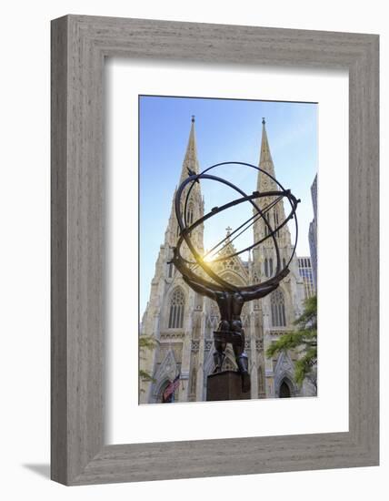 Usa, New York, New York City, Manhattan, Rockefeller Center, Atlas Statue and St Patricks Cathedral-Michele Falzone-Framed Photographic Print