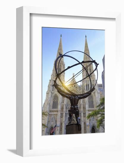 Usa, New York, New York City, Manhattan, Rockefeller Center, Atlas Statue and St Patricks Cathedral-Michele Falzone-Framed Photographic Print