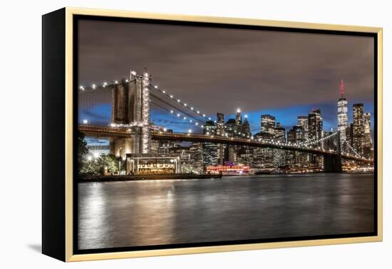 USA, New York. The Brooklyn Bridge and New York City skyline from DUMBO.-Hollice Looney-Framed Premier Image Canvas