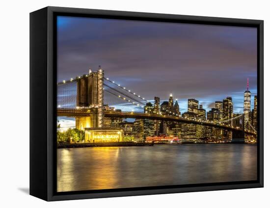 USA, New York. The Brooklyn Bridge and New York City skyline from DUMBO.-Hollice Looney-Framed Premier Image Canvas