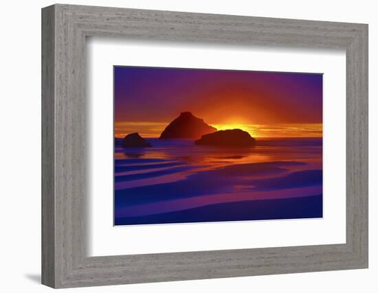 USA, Oregon, Bandon. Beach abstract of Face Rock at sunset.-Jaynes Gallery-Framed Photographic Print