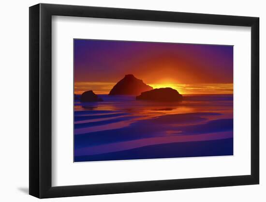 USA, Oregon, Bandon. Beach abstract of Face Rock at sunset.-Jaynes Gallery-Framed Photographic Print