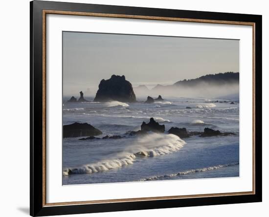 Usa, Oregon, Bandon. Bullards Beach State Park, sea stacks and waves.-Merrill Images-Framed Photographic Print