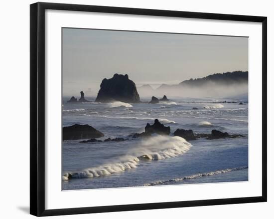 Usa, Oregon, Bandon. Bullards Beach State Park, sea stacks and waves.-Merrill Images-Framed Photographic Print