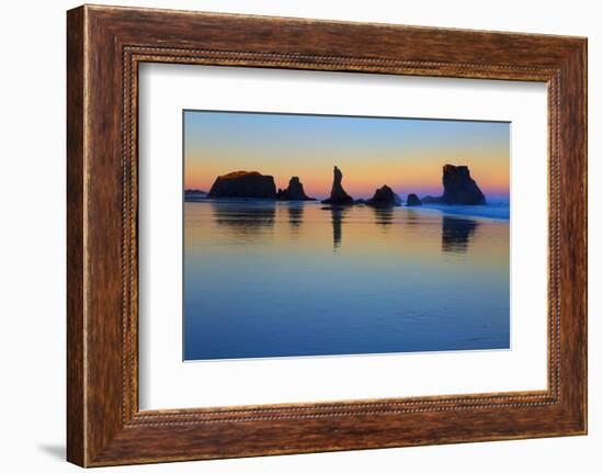 USA, Oregon, Bandon. Sunset on beach sea stacks.-Jaynes Gallery-Framed Photographic Print