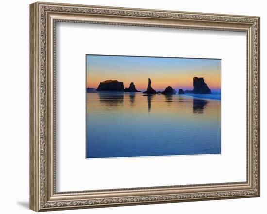 USA, Oregon, Bandon. Sunset on beach sea stacks.-Jaynes Gallery-Framed Photographic Print