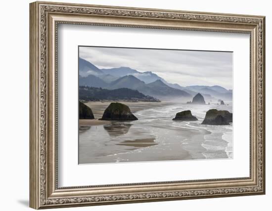 USA Oregon, Cannon Beach. Fog Rises over Coastline at Low Tide-Jean Carter-Framed Photographic Print