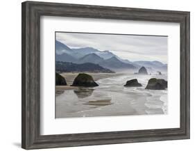 USA Oregon, Cannon Beach. Fog Rises over Coastline at Low Tide-Jean Carter-Framed Photographic Print