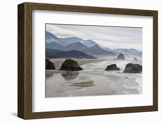 USA Oregon, Cannon Beach. Fog Rises over Coastline at Low Tide-Jean Carter-Framed Photographic Print