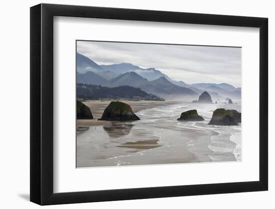 USA Oregon, Cannon Beach. Fog Rises over Coastline at Low Tide-Jean Carter-Framed Photographic Print