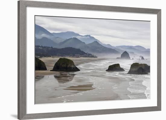 USA Oregon, Cannon Beach. Fog Rises over Coastline at Low Tide-Jean Carter-Framed Photographic Print