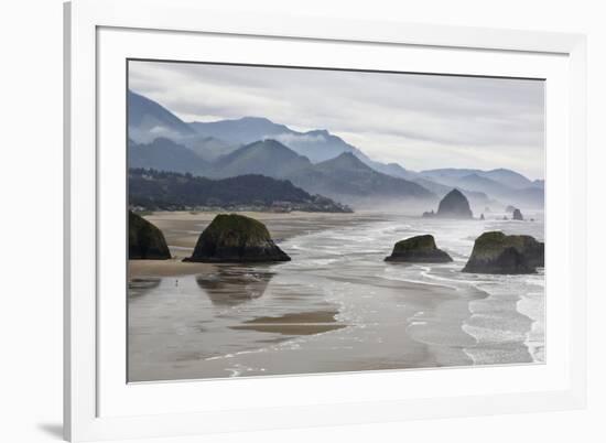 USA Oregon, Cannon Beach. Fog Rises over Coastline at Low Tide-Jean Carter-Framed Photographic Print