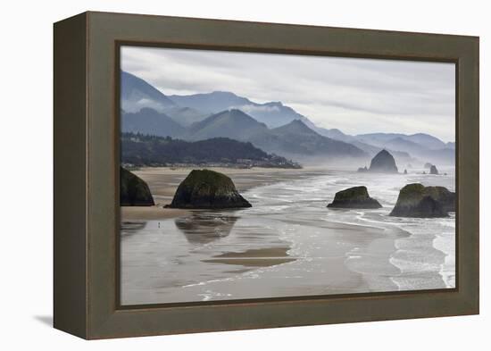 USA Oregon, Cannon Beach. Fog Rises over Coastline at Low Tide-Jean Carter-Framed Premier Image Canvas