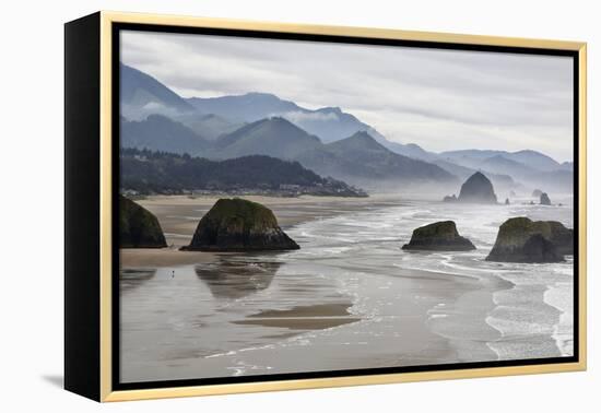 USA Oregon, Cannon Beach. Fog Rises over Coastline at Low Tide-Jean Carter-Framed Premier Image Canvas