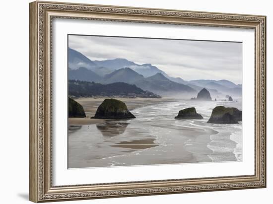 USA Oregon, Cannon Beach. Fog Rises over Coastline at Low Tide-Jean Carter-Framed Photographic Print