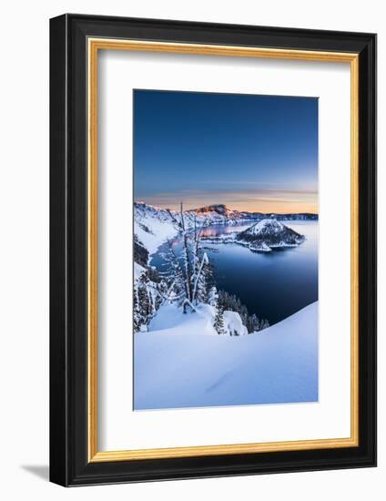 USA, Oregon, Crater Lake National Park. Winter sunrise over wizard island.-Yuri Choufour-Framed Photographic Print