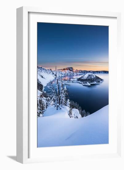 USA, Oregon, Crater Lake National Park. Winter sunrise over wizard island.-Yuri Choufour-Framed Photographic Print