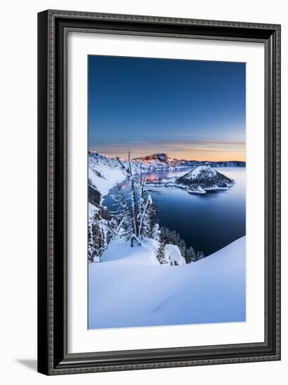 USA, Oregon, Crater Lake National Park. Winter sunrise over wizard island.-Yuri Choufour-Framed Photographic Print