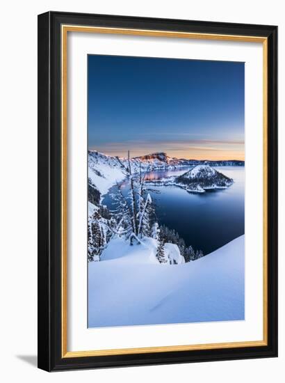 USA, Oregon, Crater Lake National Park. Winter sunrise over wizard island.-Yuri Choufour-Framed Photographic Print