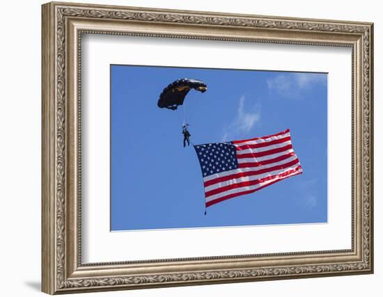 USA, Oregon, Hillsboro, Skydiver with is parachute deployed-Rick A Brown-Framed Photographic Print