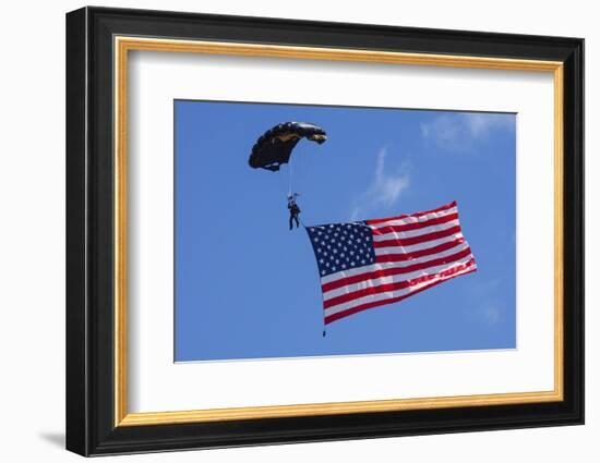 USA, Oregon, Hillsboro, Skydiver with is parachute deployed-Rick A Brown-Framed Photographic Print