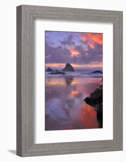USA, Oregon, Oceanside. Sunset on Beach and Sea Stacks-Jaynes Gallery-Framed Photographic Print
