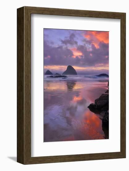 USA, Oregon, Oceanside. Sunset on Beach and Sea Stacks-Jaynes Gallery-Framed Photographic Print