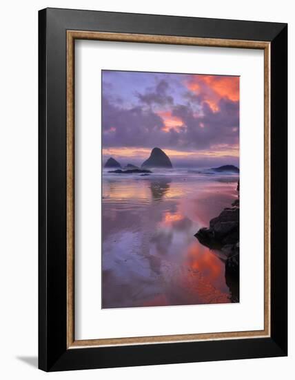 USA, Oregon, Oceanside. Sunset on Beach and Sea Stacks-Jaynes Gallery-Framed Photographic Print