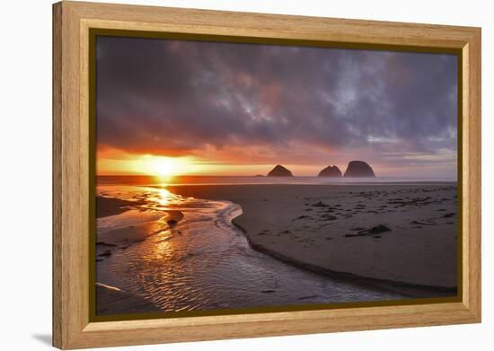USA, Oregon, Oceanside. Sunset on Three Arch Rocks-Steve Terrill-Framed Premier Image Canvas