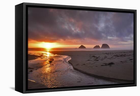 USA, Oregon, Oceanside. Sunset on Three Arch Rocks-Steve Terrill-Framed Premier Image Canvas