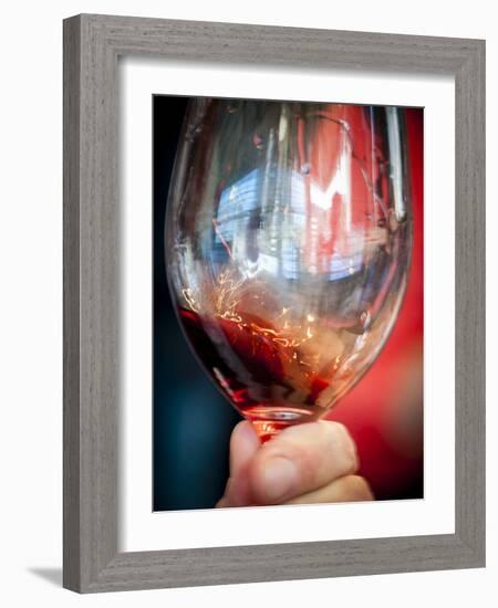 USA, Oregon, Portland. A swirl of red wine in glass reflecting light.-Richard Duval-Framed Photographic Print