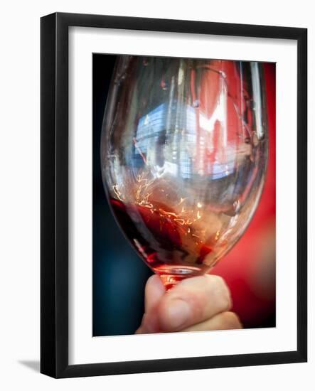 USA, Oregon, Portland. A swirl of red wine in glass reflecting light.-Richard Duval-Framed Photographic Print