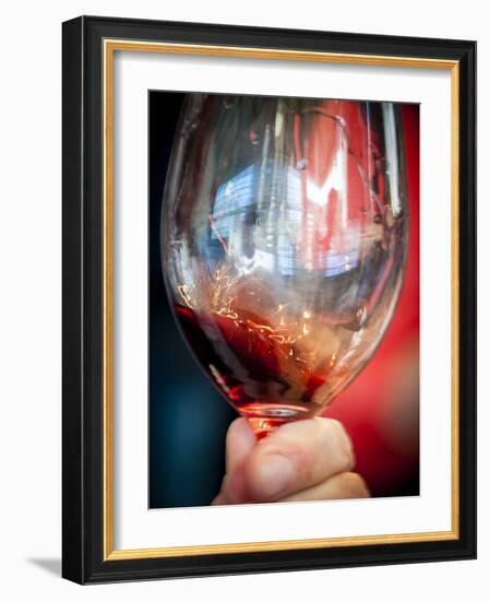 USA, Oregon, Portland. A swirl of red wine in glass reflecting light.-Richard Duval-Framed Photographic Print